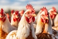 portrait of a white and brown chicken with a striking red comb, amidst a flock in golden daylight Royalty Free Stock Photo