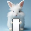 Portrait of a white cute rabbit Happy smiling smart holding a smartphone with white screen mockup. ai generative