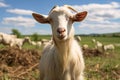 portrait of a white farming goat in a field in sunny day