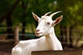 Portrait of a white goat with horns on a background of green trees. Generative AI. Royalty Free Stock Photo