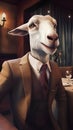 Portrait of a white goat wearing a brown suit and tie.