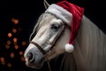 Portrait of white horse wearing red Christmas Santa Claus hat Royalty Free Stock Photo