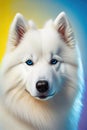 Portrait of white husky with blue eyes on coloured studio background. AI generative illustration.