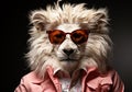 Portrait of white lion wearing glasses. Glamorous fashion concept. Unreal and futuristic. AI generated