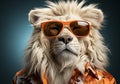 Portrait of white lion wearing glasses. Glamorous fashion concept. Unreal and futuristic. AI generated