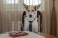 Portrait of white mixed-breed dog wearing necktie, hard thinking while sitting on a chair at the table