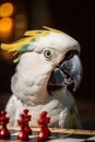 Portrait of white parrot playing chess