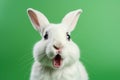 Portrait of white rabbit with funny surprised expression on its face on green background Royalty Free Stock Photo