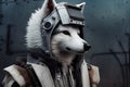 Portrait of a white wolf dressed in a warrior suit Royalty Free Stock Photo