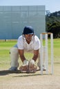 Portrait of wicketkeeper crouching behind stumps on field Royalty Free Stock Photo