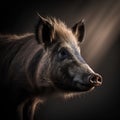 Portrait of a wild boar on a dark background. Studio shot.