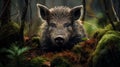Portrait of wild boar on natural forest background.
