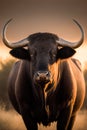 Portrait of a wild bull with long horns, in natural habitat