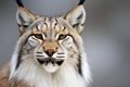 Portrait of a wild european lynx on a gray background