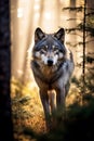 Portrait of Wild Grey wolf walking in the forest at sunrise. Amazing wildlife. Generative Ai