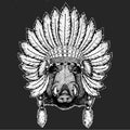 Portrait of wild hog, boar, pig. Indian tribal traditional headdress with feathers. Face of brave animal.