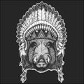 Portrait of wild hog, boar, pig. Indian tribal traditional headdress with feathers. Face of brave animal.