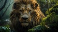 Portrait of a wild lion in the leaves in the jungle. Generated by artificial intelligence