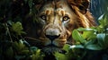 Portrait of a wild lion in the leaves in the jungle. Generated by artificial intelligence