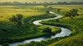 portrait of a winding river through cornfields and pastures in the heart of the Midwest