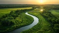 portrait of a winding river through cornfields and pastures in the heart of the Midwest