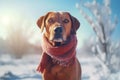 Portrait of winter cloth dog with scarf. Generate Ai