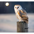 A portrait of a wise-looking barn owl, its feathers softly illuminated in the moonlight3