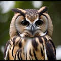 A portrait of a wise and weathered owl perched atop a tall tree3