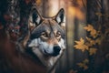 Portrait of a wolf in the autumn forest. Beautiful wolf in the forest. Royalty Free Stock Photo