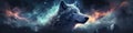 Portrait of wolf on the blue midnight sky banner, wildlife concept