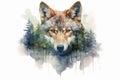 Portrait of wolf double exposure with forest watercolor Generative AI Generative AI