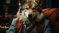 Portrait of a wolf in a jacket and scarf on a sofa