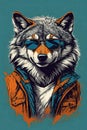 Portrait of a wolf in sunglasses and a jacket. Vector illustration. Royalty Free Stock Photo