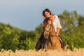 Portrait of a woman on an Andalusian horse Royalty Free Stock Photo