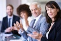 Portrait, woman or applause in business, workshop or meeting of company, corporate or training. Businesswoman, happy Royalty Free Stock Photo