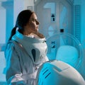 Portrait of a woman astronaut in a space suit, dreamy look up. Futuristic astronaut on Board the spacecraft.