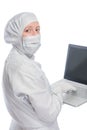 Portrait of a woman biologist, a chemist with the laptop
