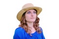 Portrait of a woman in a blue dress and hat, isolated on a white backgr Royalty Free Stock Photo