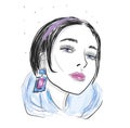 Portrait of woman with blue earrings. fashion illustration sketch Royalty Free Stock Photo