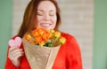 Portrait of a woman with bouquet. Love. Happy. Emotional. Positive.