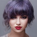 Portrait of a woman with bright colored hair purple. Hair coloring, beautiful lips and makeup. Woman with short hair.