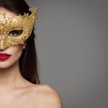 Portrait of woman in carnival golden mask. Royalty Free Stock Photo