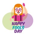 Portrait woman clown mask celebration fools day circles background