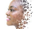 A portrait of a woman combined with 3D graphics in a double exposure technique. Royalty Free Stock Photo