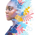 A double exposure portrait of an African American woman combined with a digital image of leaves. Royalty Free Stock Photo