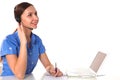 Portrait of woman customer service worker, call center smiling operator with phone headset isolated on white background Royalty Free Stock Photo