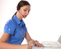 Portrait of woman customer service worker, call center smiling operator with phone headset isolated on white background Royalty Free Stock Photo