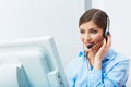 Portrait of woman customer service worker, call center smiling