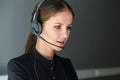 Portrait of woman customer service worker, call center smiling operator with phone on office Royalty Free Stock Photo