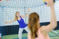 Portrait woman defending handball goal